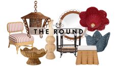 Rattan decor, including an accent chair, pedestal bowl, pendant light, sculptural vase, bar card, ottoman, ceiling rose, and basket, pictured against a white background