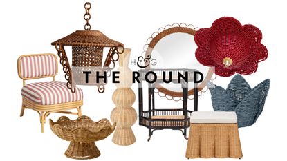 Rattan decor, including an accent chair, pedestal bowl, pendant light, sculptural vase, bar card, ottoman, ceiling rose, and basket, pictured against a white background