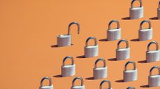 Supply chain security concept image showing 15 locked padlocks with one outlying padlock left unlocked. 