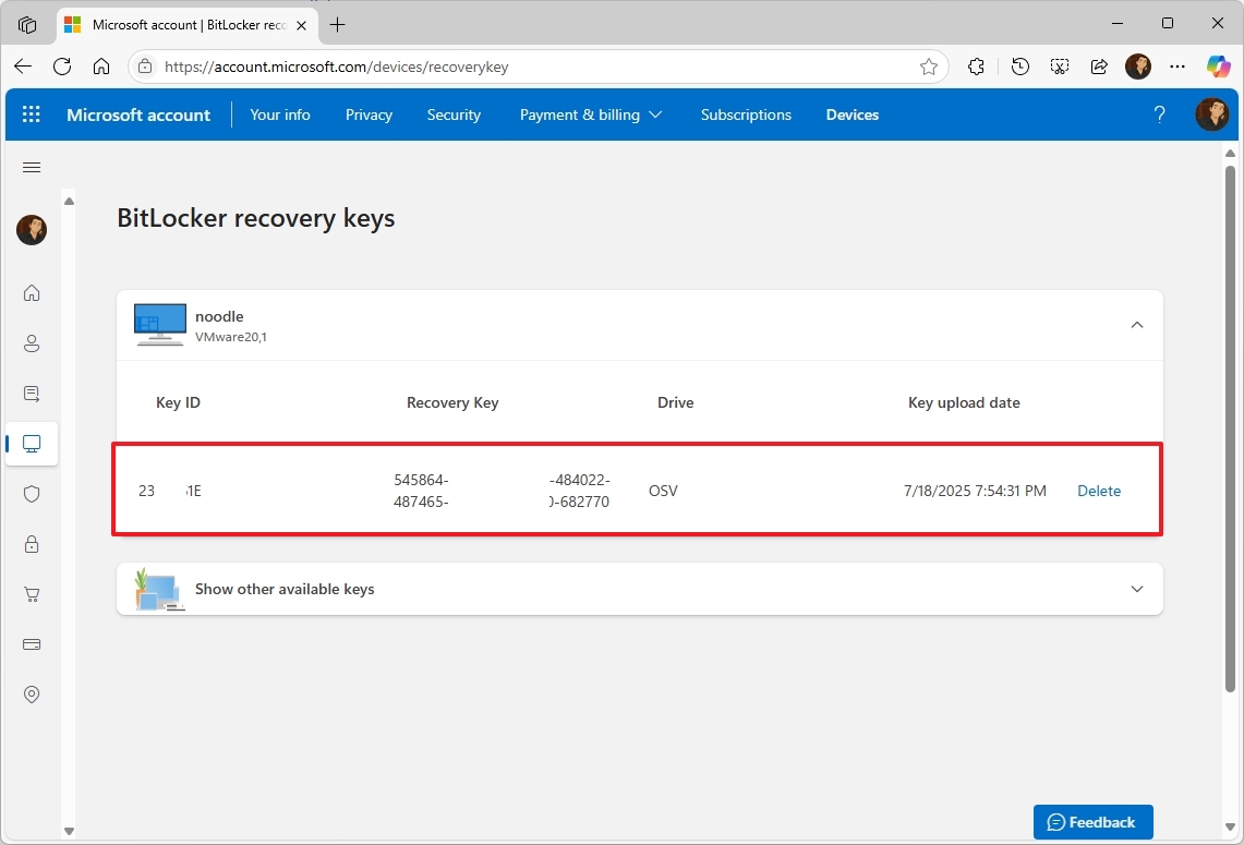 Microsoft account recovery key
