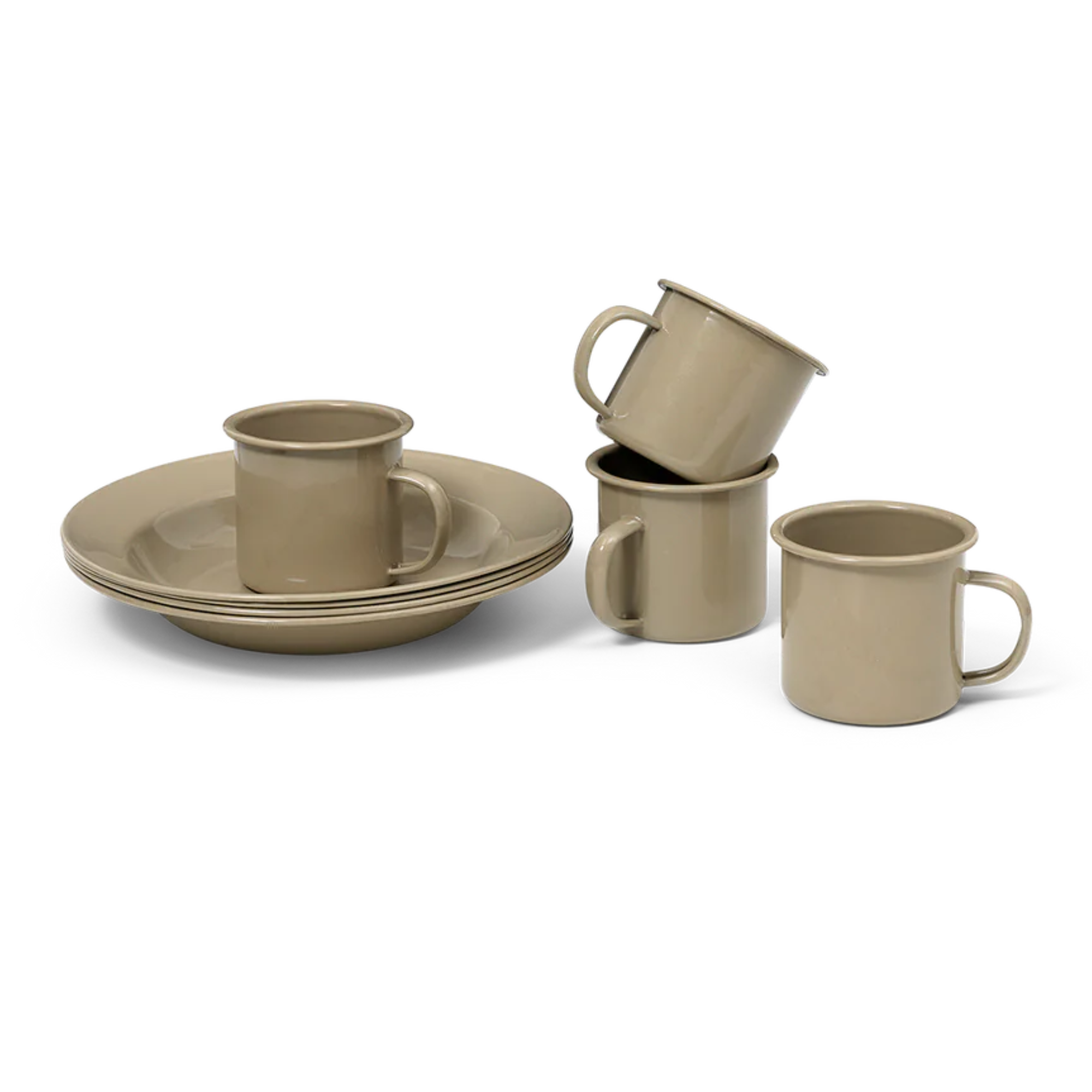 a set of four plates and four mugs in a light tan color