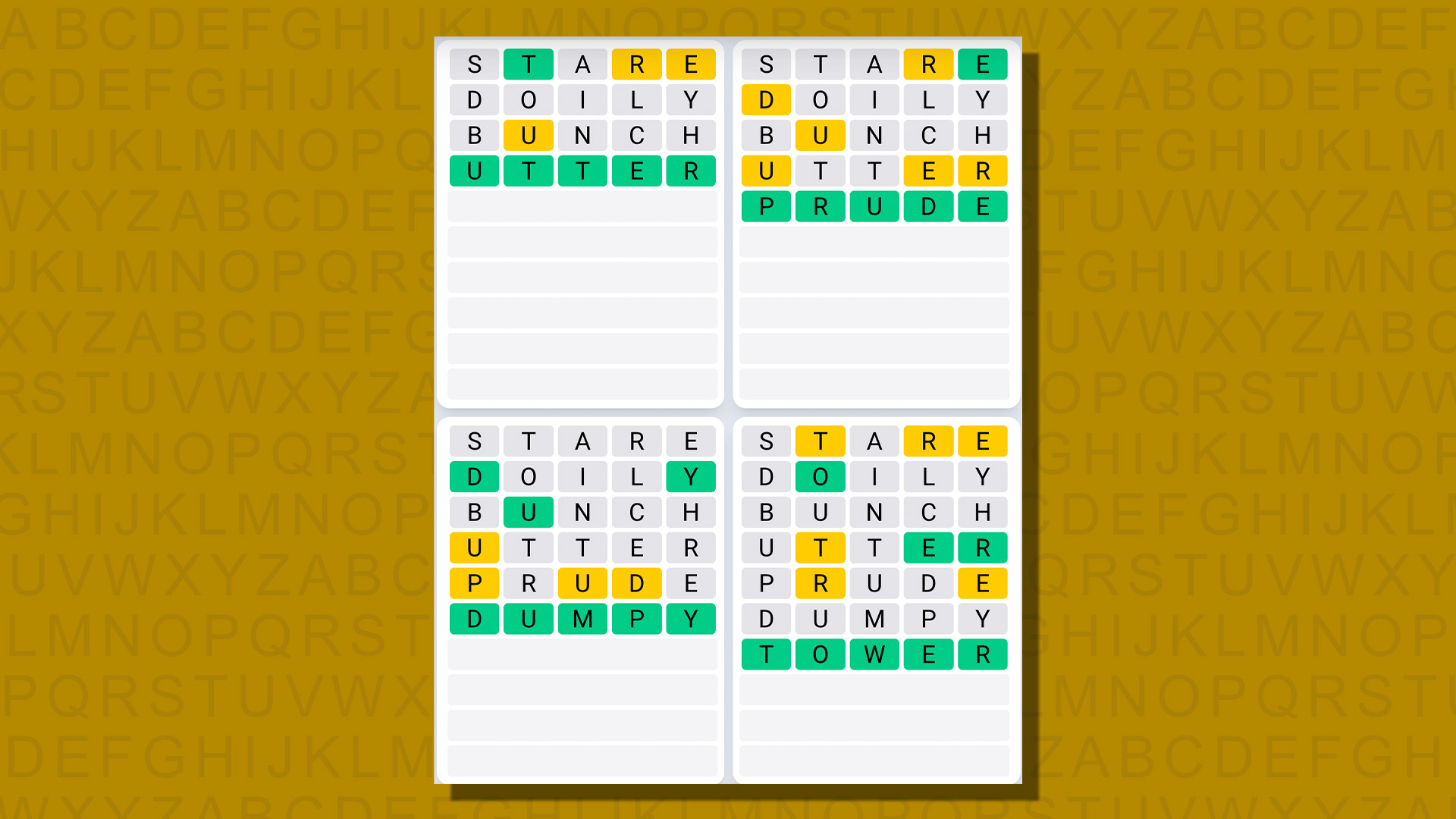 Ежедневная последовательность ответов Quordle для игры 717 на желтом фоне