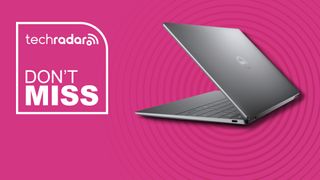 Dell XPS 13 laptop against a magenta TechRadar deals background