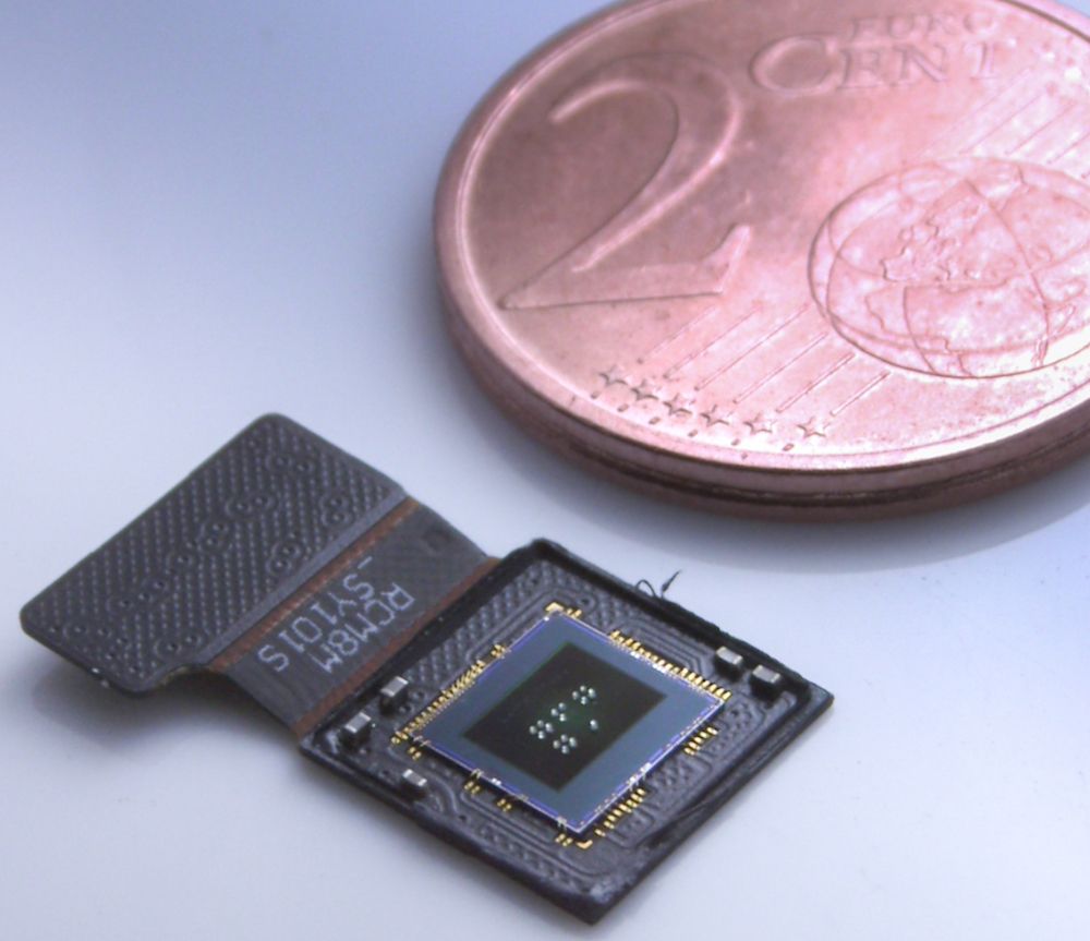 Image sensor and lenses, next to a coin for comparison.