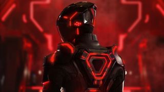 A headshot featuring a figure in a black with red accents suit, from TRON: Ares