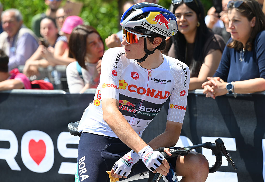 Giulio Pellizzari of Italy and Team Red Bull - BORA - hansgrohe at start of Stage 11 a 195km stage from Porcari to Chiavari / (Photo by Dario Belingheri/Getty Image)