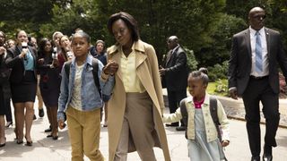 Viola Davis as Michelle Obama walking the Sasha and Malia to school surrounded by press and secret service