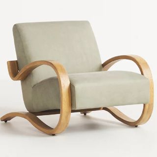 A grey recliner chair with wooden arms