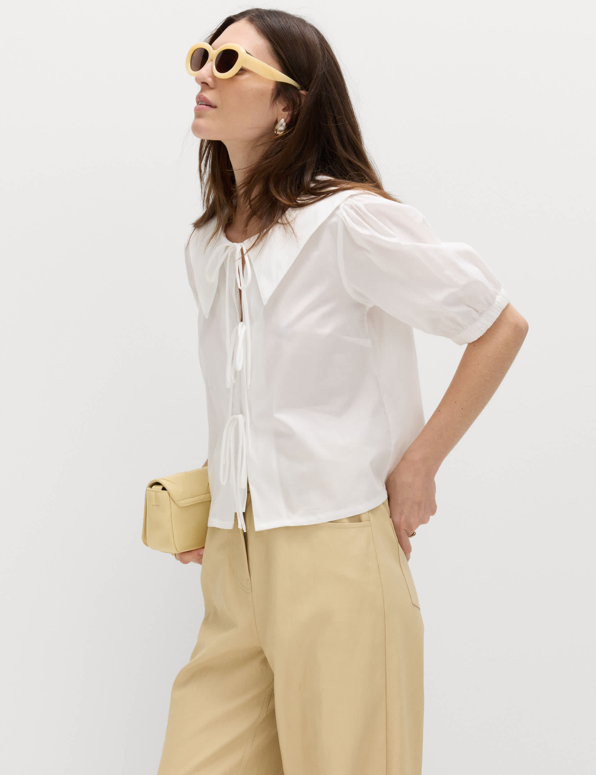 Pure Cotton Striped Oversized Collar Tie Detail Shirt