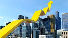 Abstract growth diagram with a yellow upwards arrow supported by tall buildings in a cityscape