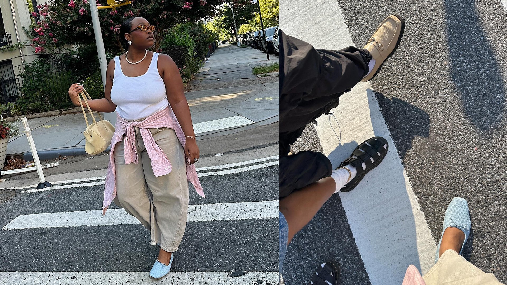 Aniyah wears white tank, khaki barrel pants, long-sleeve tied around her vase