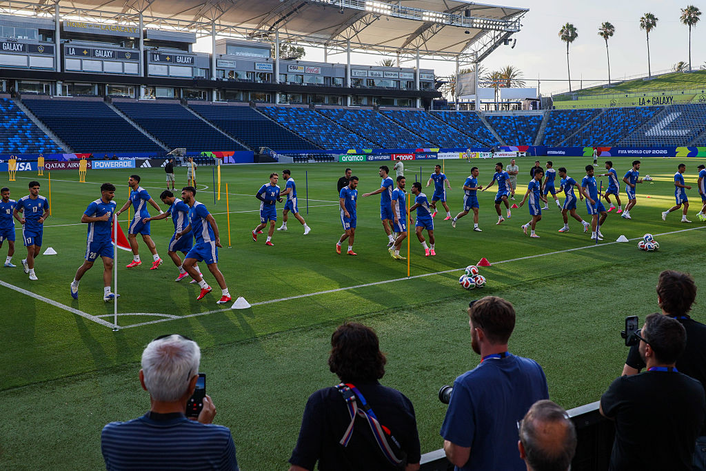 The Iranian national team warms up before practice ahead of their opening World Cup match against New Zealand at Dignity Health Sports Park on Sunday, June 14, 2026 in Carson, CA