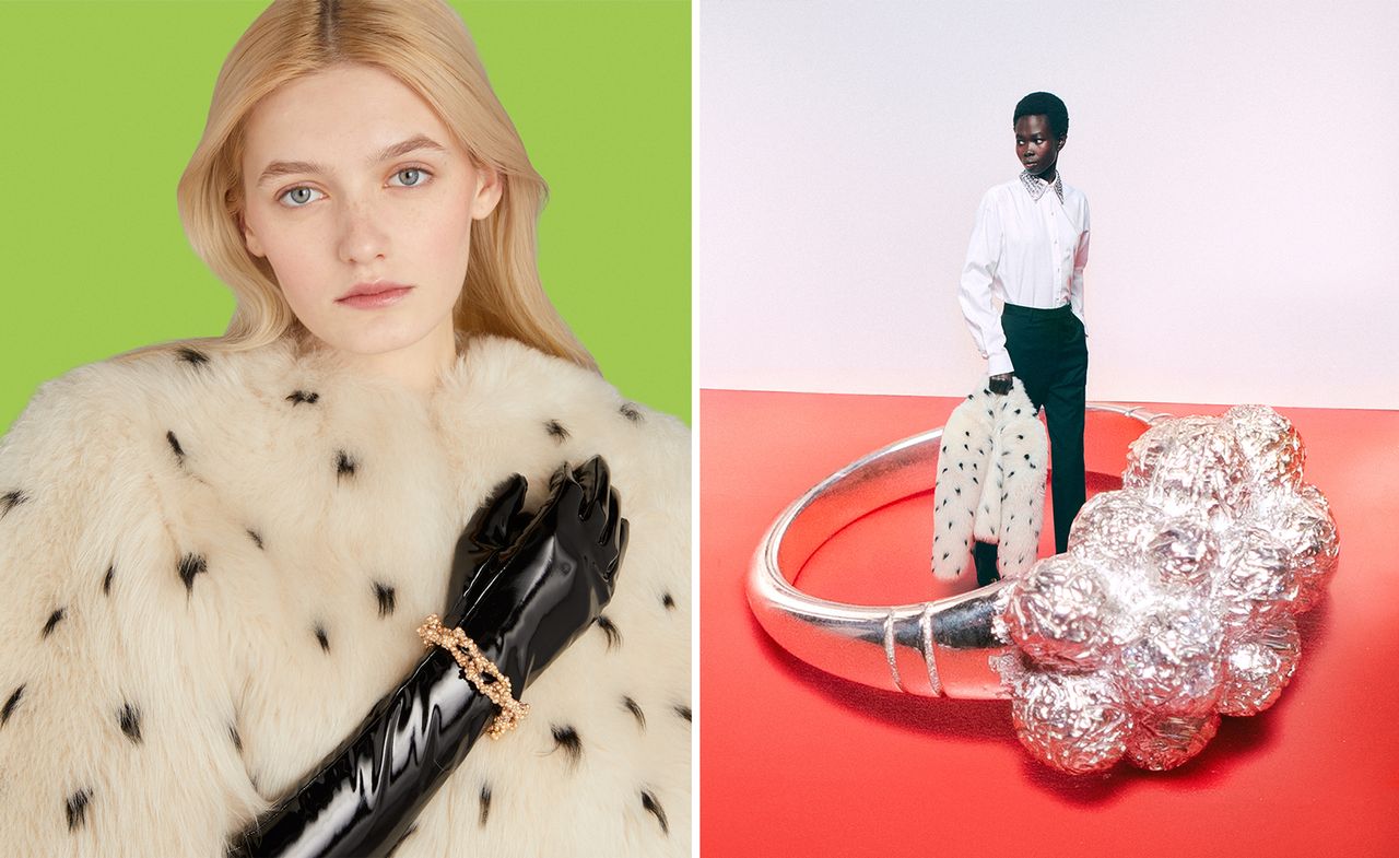 Left, woman wearing Bleue Burnham jewellery against a green background. Right, woman stands in giant, cloud-lke ring