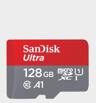 SanDisk 128GB SD card on a plain background