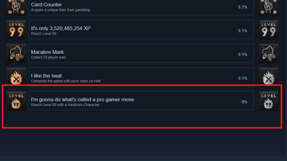 Screenshot of Steam achievements for Diablo 2: Resurrected