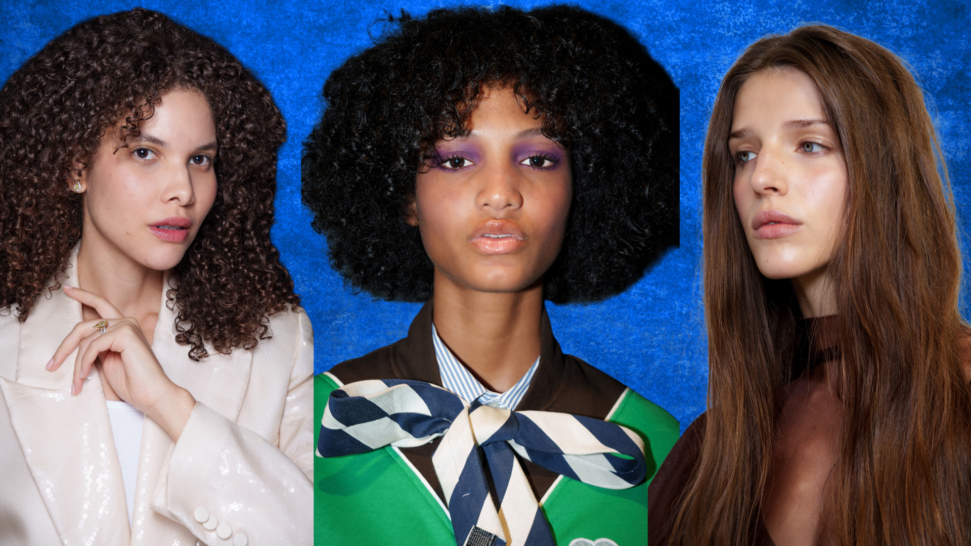 Three models with different hair types and lengths against a blue background.