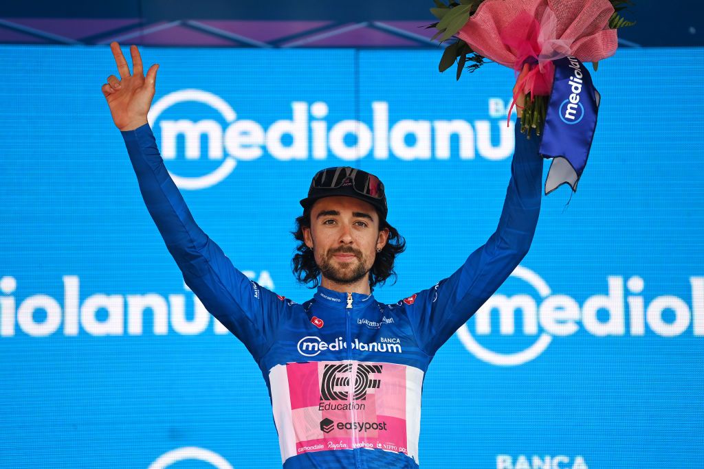 CAORLE ITALY MAY 24 Ben Healy of Ireland and Team EF EducationEasyPost Blue Mountain Jersey celebrates at podium during the the 106th Giro dItalia 2023 Stage 17 a 197km stage from Pergine Valsugana to Caorle UCIWT on May 24 2023 in Caorle Italy Photo by Tim de WaeleGetty Images