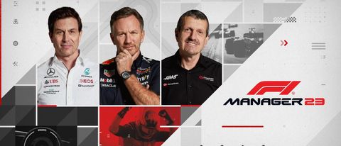 F1 manager start menu with Toto Wolff, Christian Horner and Guenther Steiner