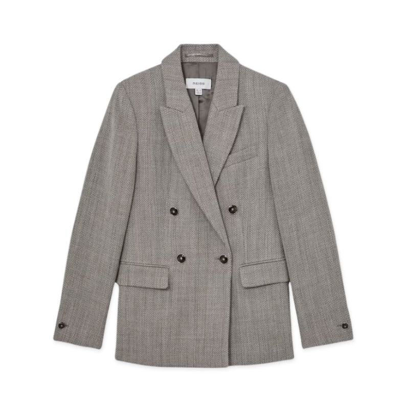 A cutout of a grey Herringbone blazer by Reiss