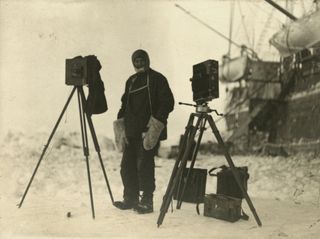 Australian photographer Frank Hurley (1885 - 1962) during the Imperial Trans-Antarctic Expedition, 1914-17, led by Ernest Shackleton.