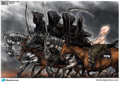 Political cartoon U.S. Five horsemen apocalypse Russia Putin