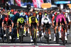 NAPLES ITALY MAY 12 LR Alberto Dainese of Italy and Tudor Pro Cycling Team Olav Kooij of Netherlands and Team Visma Lease a Bike Davide Ballerini of Italy and Astana Qazaqstan Team Jonathan Milan of Italy and Team Lidl Trek Purple Points Jersey sprint at finish line during the 107th Giro dItalia 2024 Stage 9 a 214km stage from Avezzano to Naples UCIWT on May 12 2024 in Naples Italy Photo by Tim de WaeleGetty Images