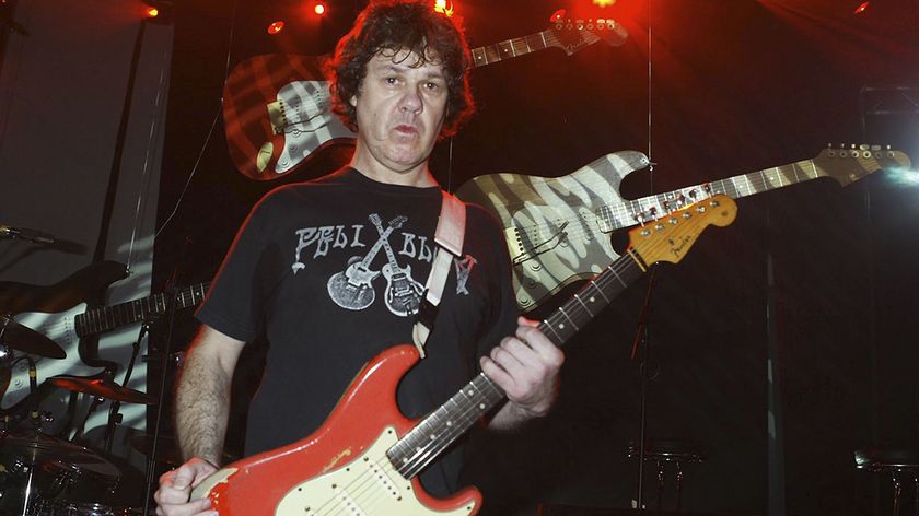Gary Moore poses backstage during rehearsals ahead of tomorrow&#039;s Wembley Arena performace of &quot;The Miller Strat Pack&quot; concert, at Black Lion Studios on September 23, 2004 in London