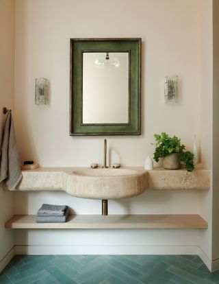 beige bathroom with green accents