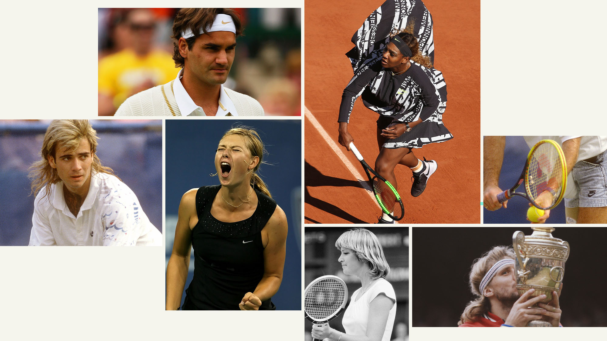 A collage featuring iconic fashion moments throughout tennis's history. 