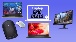 Alienware x16 gaming laptop, Alienware 18 backpack, Alienware gaming mouse, Dell Inspiron 16 Plus laptop, and Alienware 32 gaming monitor against blue gradient background. 