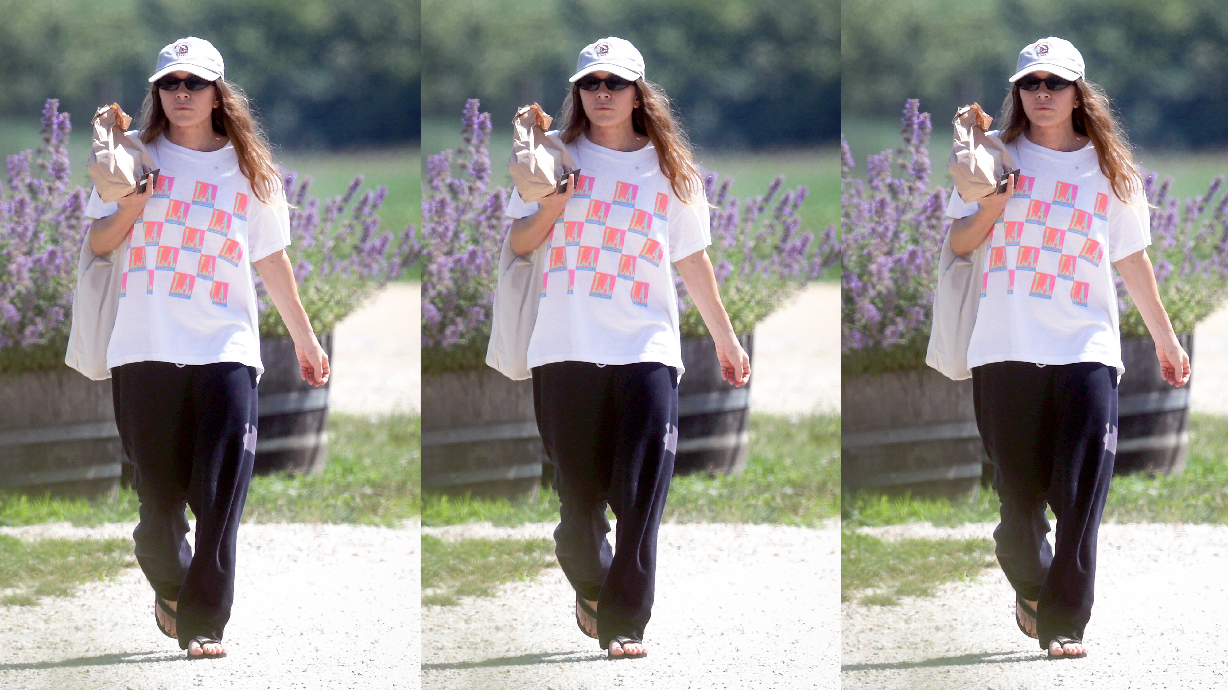 A collage of Mary-Kate Olsen wearing free city sweatpants and flip-flops.