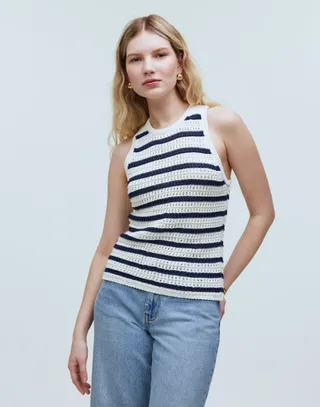 Crochet-Knit Crewneck Sweater Tank in Stripe