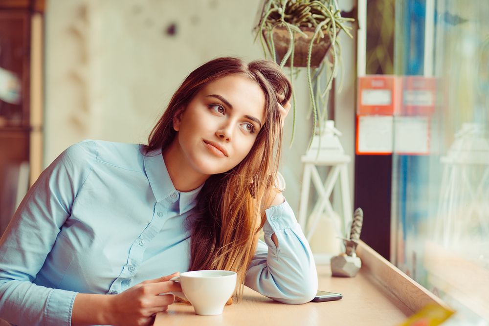 daydream, woman, coffee shop