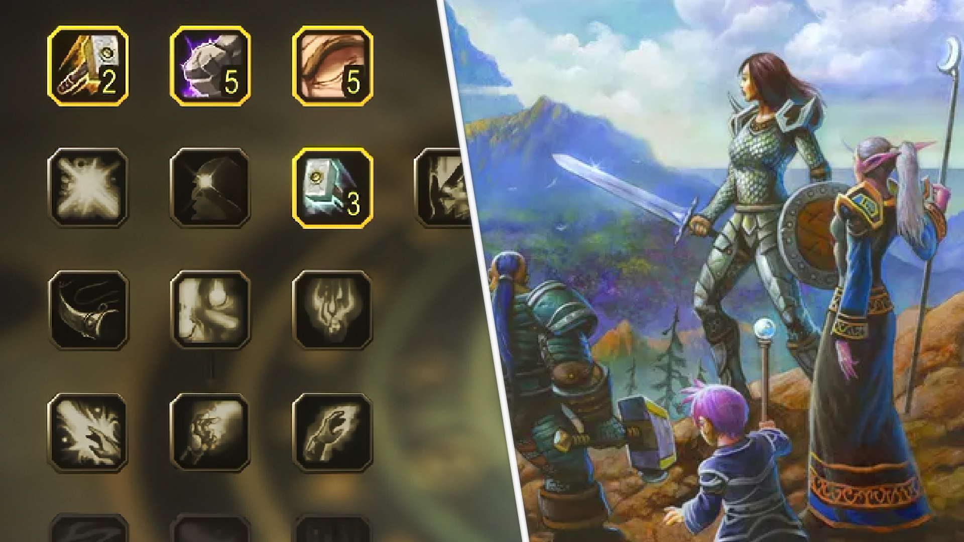 A split image: Left, showing new talent trees in WoW Forever. Right, showing the announcement key art, with several heroes standing atop a cliff.