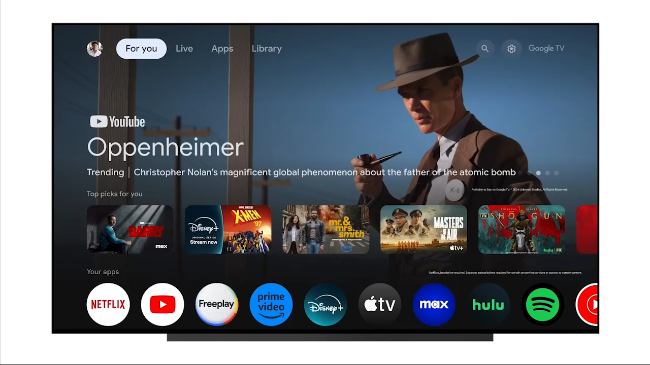 Google TV home screen with Oppenheimer as the featured movie