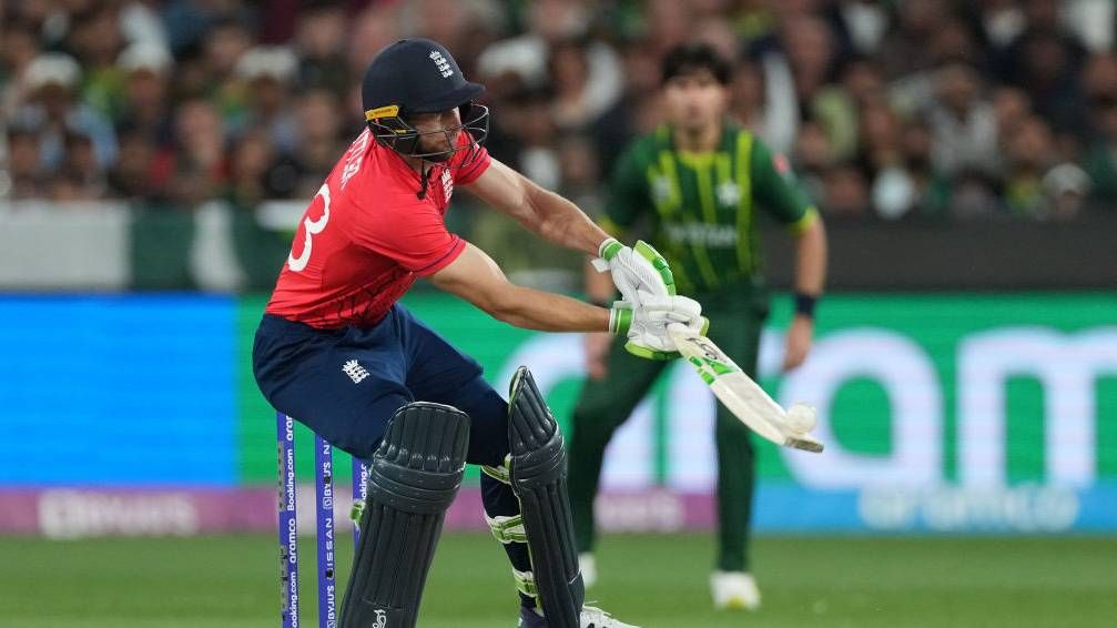 os Buttler of England plays a shot during the ICC Men&#039;s T20 World Cup final match between Pakistan and England at Melbourne Cricket Ground on November 13, 2022