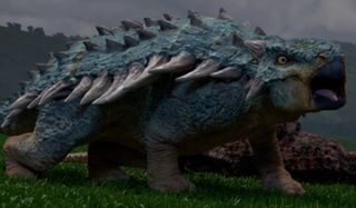 Bumpy the ankylosaurus roars in Jurassic World: Camp Cretacious.