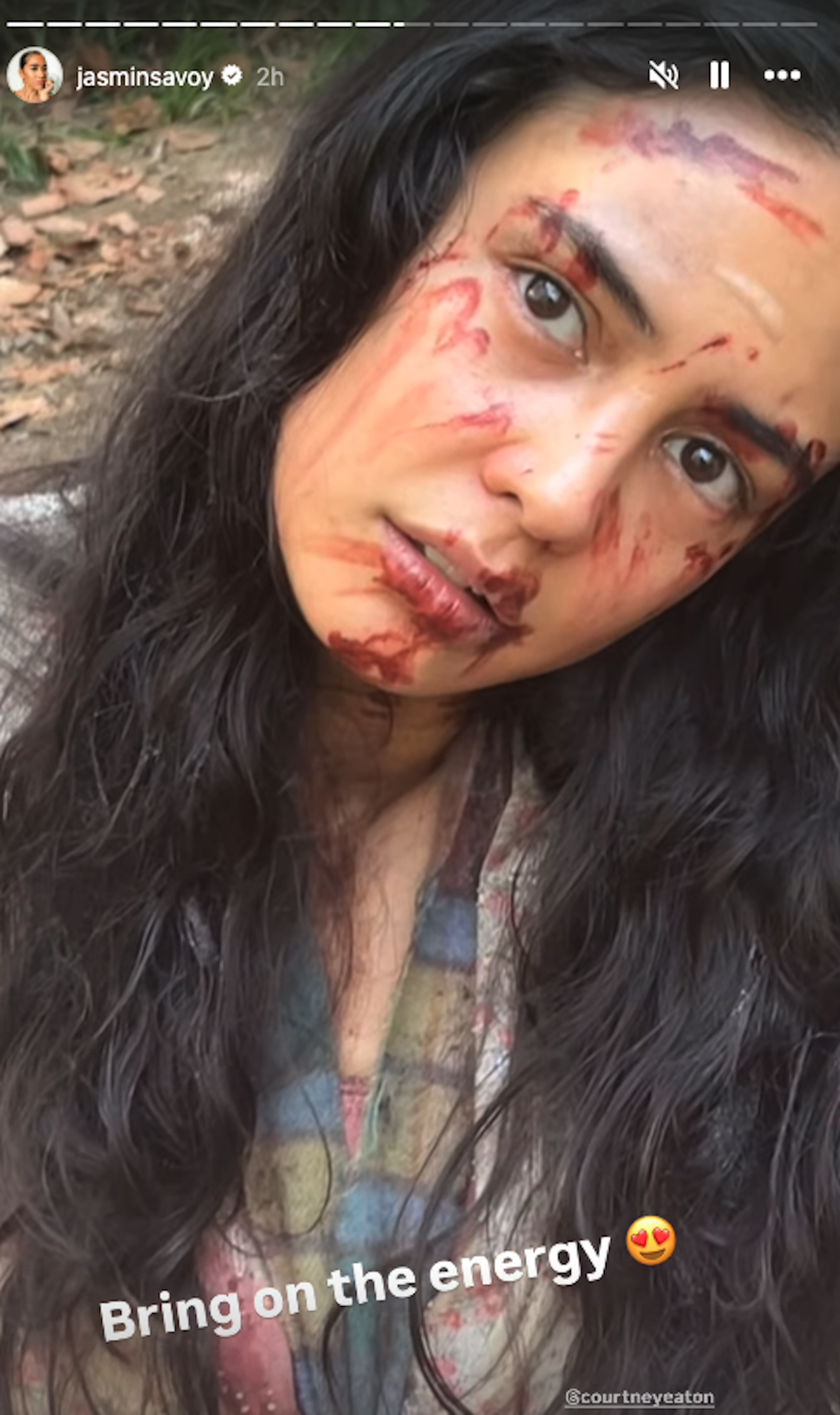 Jasmin Savoy-Brown photo from on set of Yellowjackets of Courtney Eaton with blood over her face and the caption 