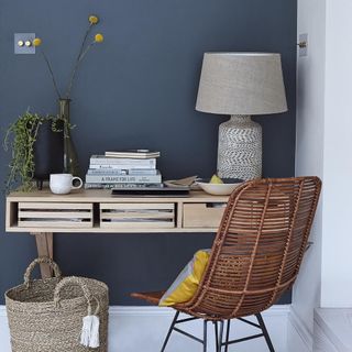 blue wall with drawers and wooden table