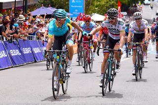 Luis Leon Sanchez and Peter Sagan congratulate each other for first and second on stage 3 at the Tour Down Under