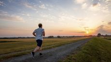 A man in shorts and a t-shirt runs down a gravel road in a rural setting as the sun rises