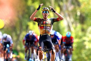 Christophe Laporte (Jumbo-Visma) reacts with shock as he clinches victory on stage 19 of the Tour de France 2022