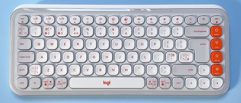 The Logitech POP Icon Keys keyboard against a blue background.