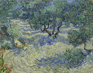 You can't see the grasshopper in this image of Vincent van Gogh's "Olive Trees," but it's there.