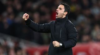 Arsenal manager Mikel Arteta celebrates after the Gunners' 3-1 win over Liverpool in February 2024.