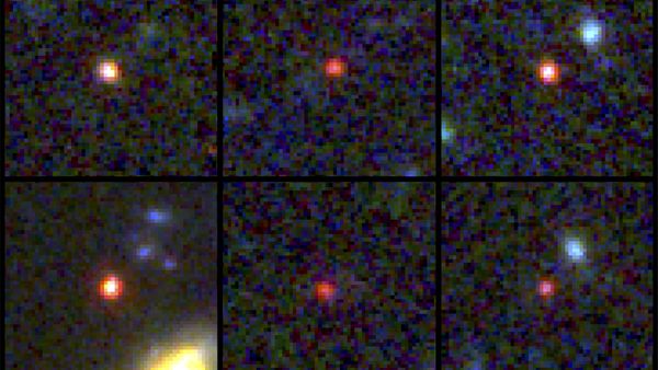 Six images of galaxies, in which each one looks like a blurry dot.