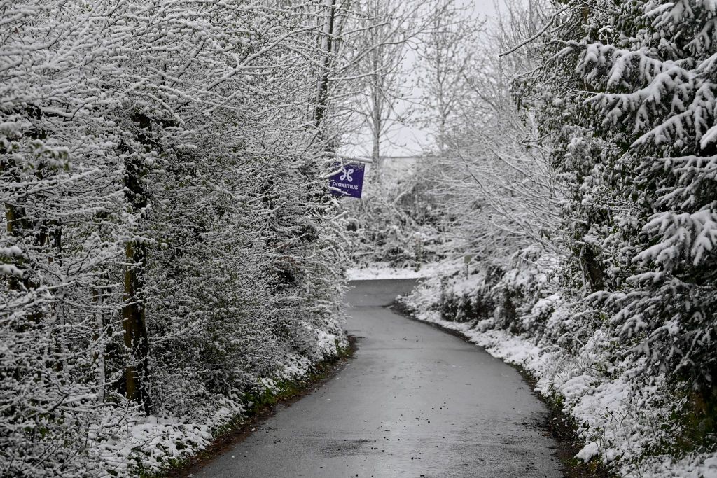 Illustration picture shows snow at the Kortekeer during a training session on the track of the Ronde van Vlaanderen cycling race Friday 01 April 2022 The 106th edition of the cycling race will take place on Easter Sunday 03 April BELGA PHOTO DIRK WAEM Photo by DIRK WAEM BELGA MAG Belga via AFP Photo by DIRK WAEMBELGA MAGAFP via Getty Images