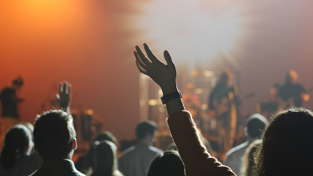 a shot of a woman raising her hand in a crowd at a gig