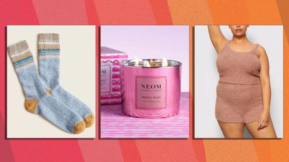 A selection of cozy gifts for christmas including a pair of blue J Crew socks, Neom's pink christmas candle and SKIM new comfy loungewear