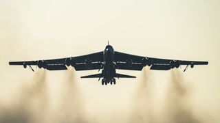An Air Force B-52 Stratofortress takes off from RAF Fairford on March 19, 2026, in Fairford, England.